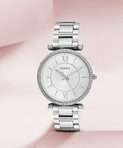  Shop Authentic Fossil Carlie Silver Dial Silver Steel Strap Watch for Women - ES4341 - Luxxuri