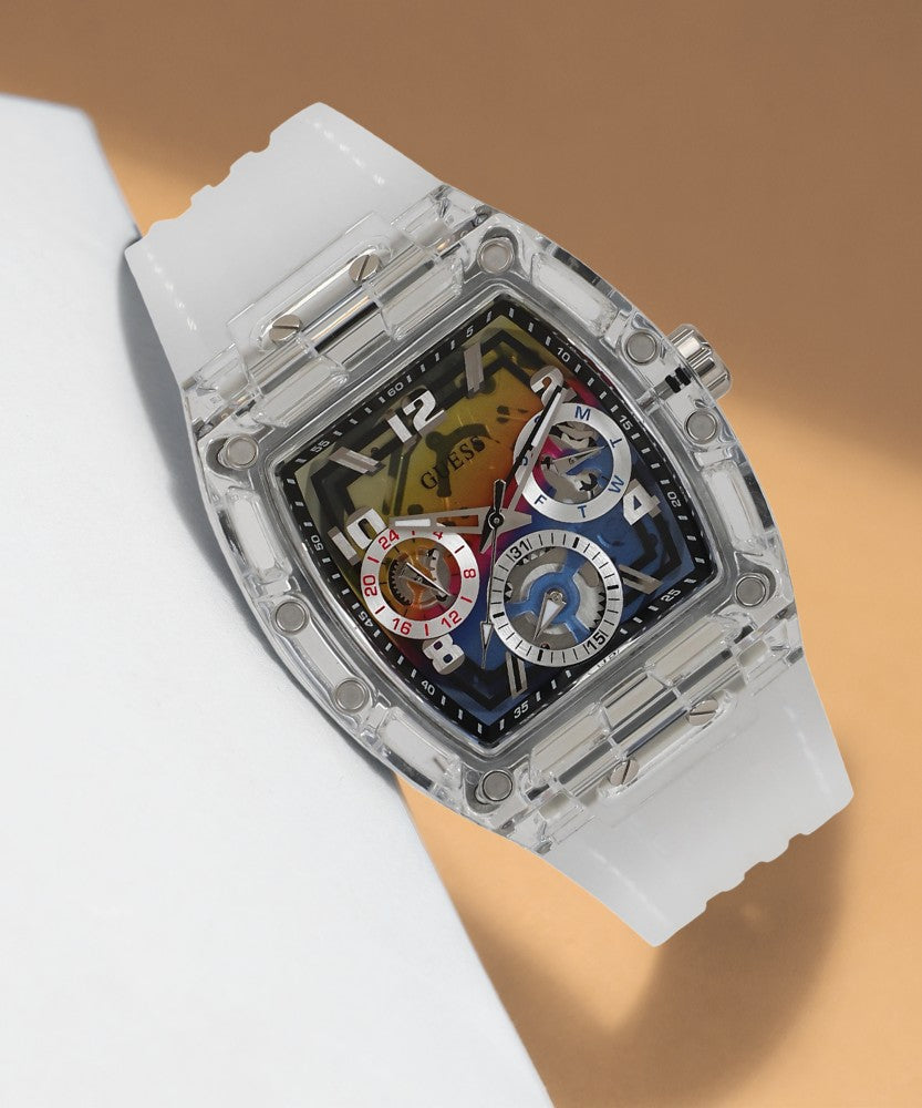  Shop Authentic Guess Phoenix Polycarbonate Clear Multi-function Black Dial Clear Rubber Strap Watch for Men - GW0499G3 - Luxxuri