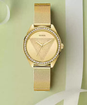  Shop Authentic Guess Tri Glitz Quartz Diamonds Gold Dial Gold Mesh Bracelet Watch For Women - W1142L2 - Luxxuri
