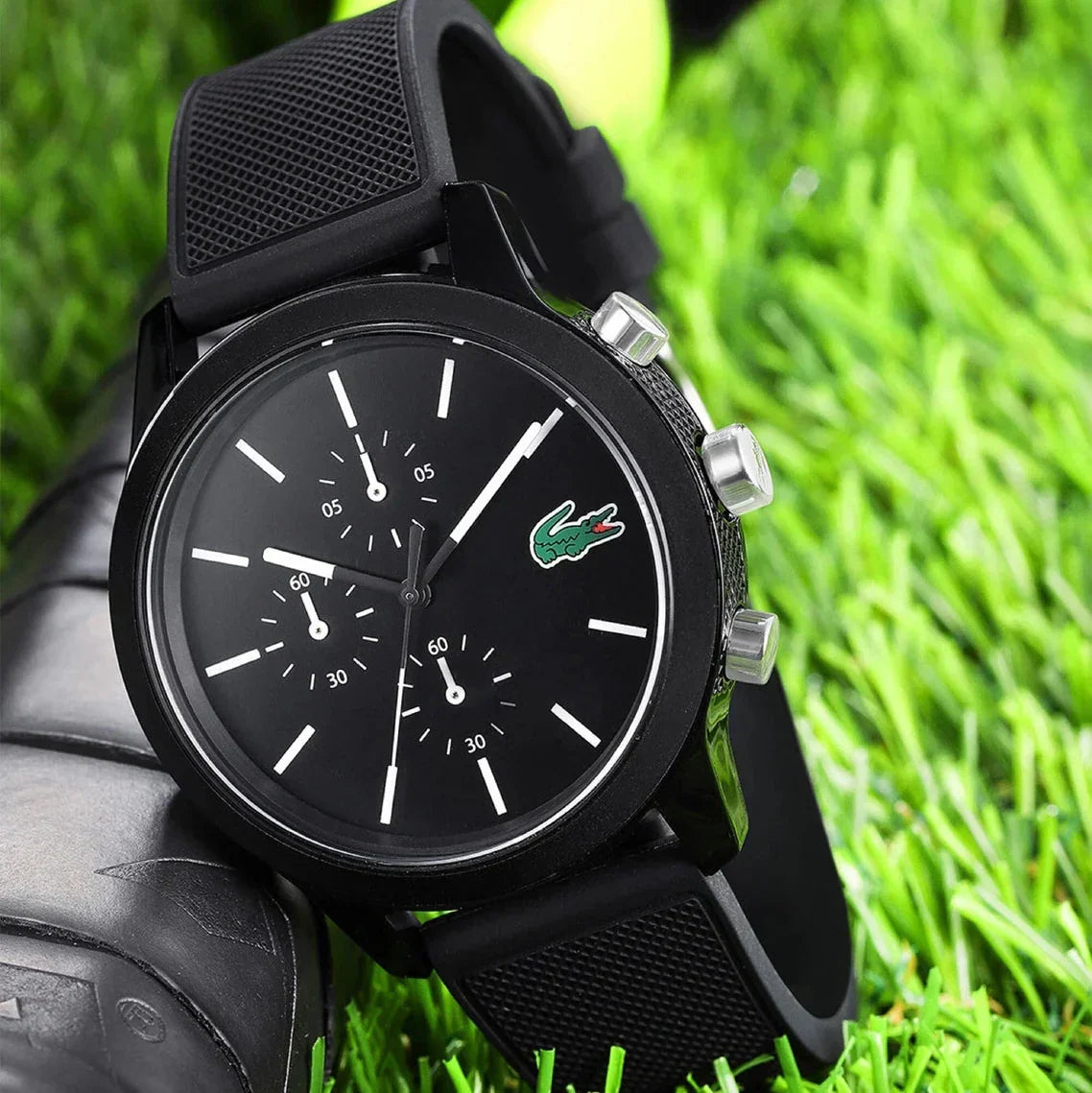 Lacoste 12.12 Chronograph Black Dial Black Silicone Strap Watch for Men - 2010972