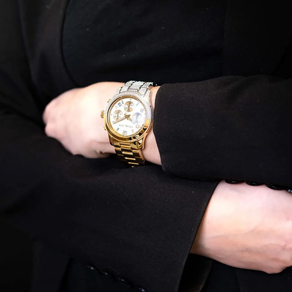  Shop Authentic Michael Kors Runway Chronograph Gold Dial Two Tone Steel Strap Watch For Women - MK7329 - Luxxuri