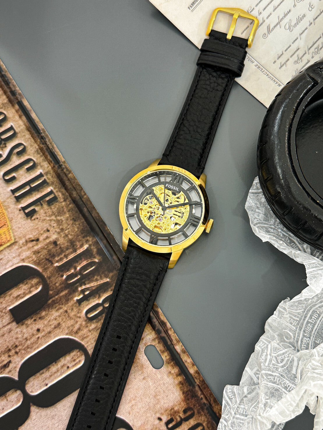  Shop Authentic Fossil Townsman Automatic Skeleton Black Dial Black Leather Strap Watch for Men - ME3210 - Luxxuri