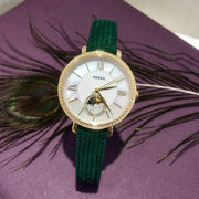  Shop Authentic Fossil Jacqueline Multifunction Moonphase Mother of Pearl White Dial Green Leather Strap Watch for Women - ES5244 - Luxxuri