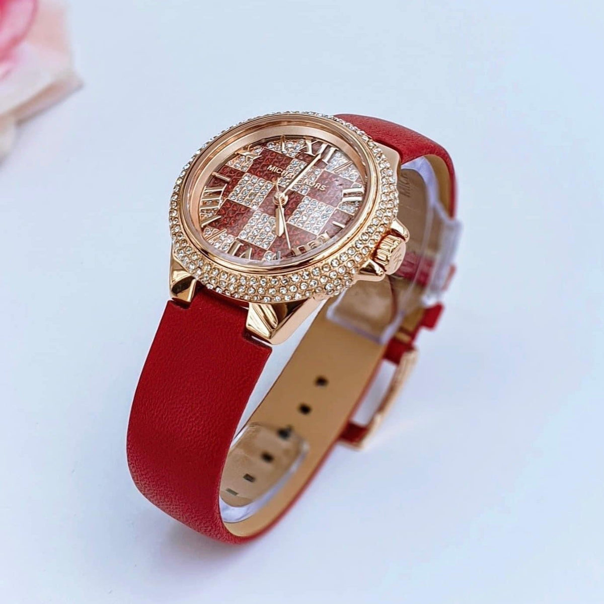 Shop Authentic Michael Kors Camille Three Hand Crystals Rose Gold Dial Red Leather Strap Watch For Women - MK4701 - Luxxuri