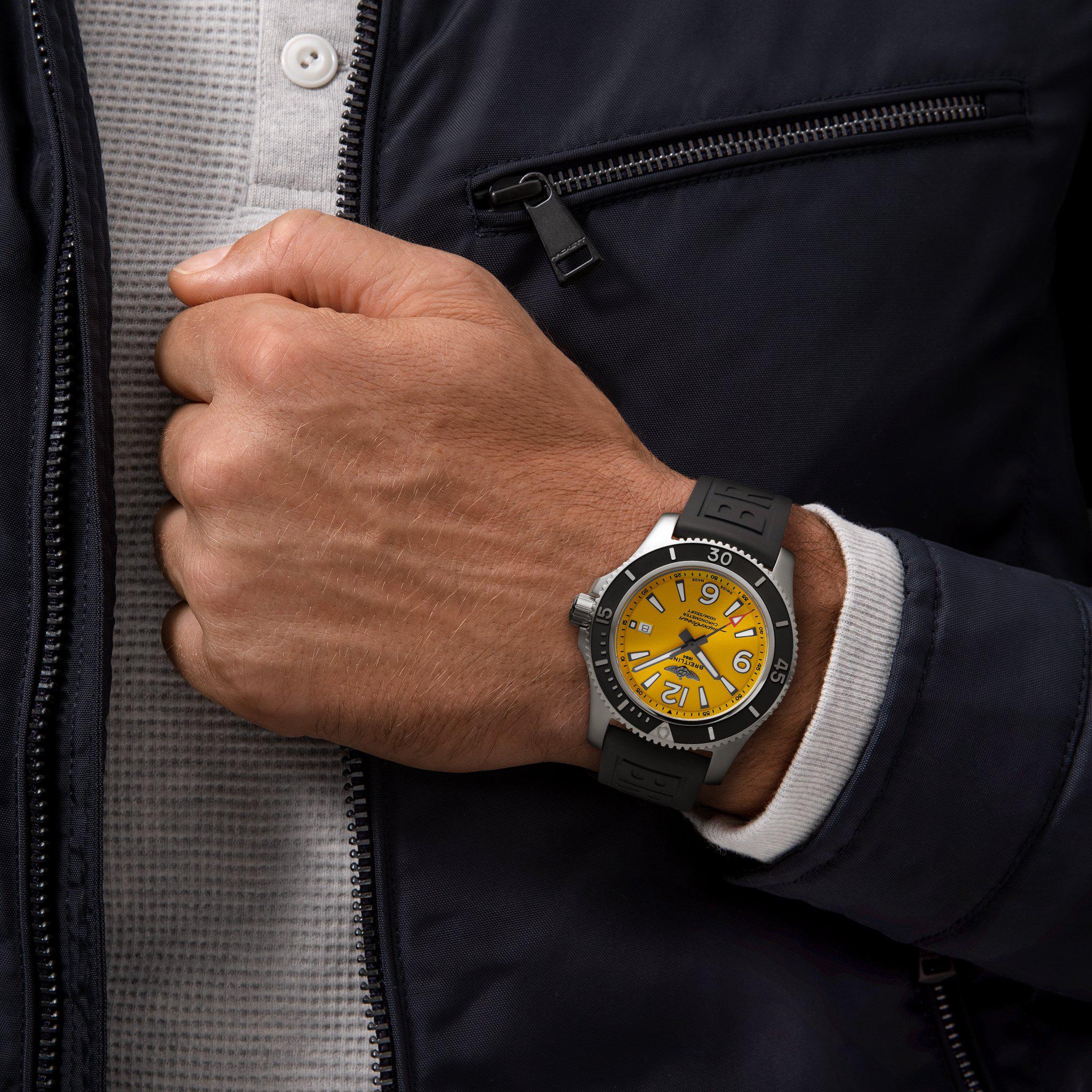  Shop Authentic Breitling Superocean Automatic 44mm Yellow Dial Black Rubber Strap Watch for Men - A17367021I1S1 - Luxxuri