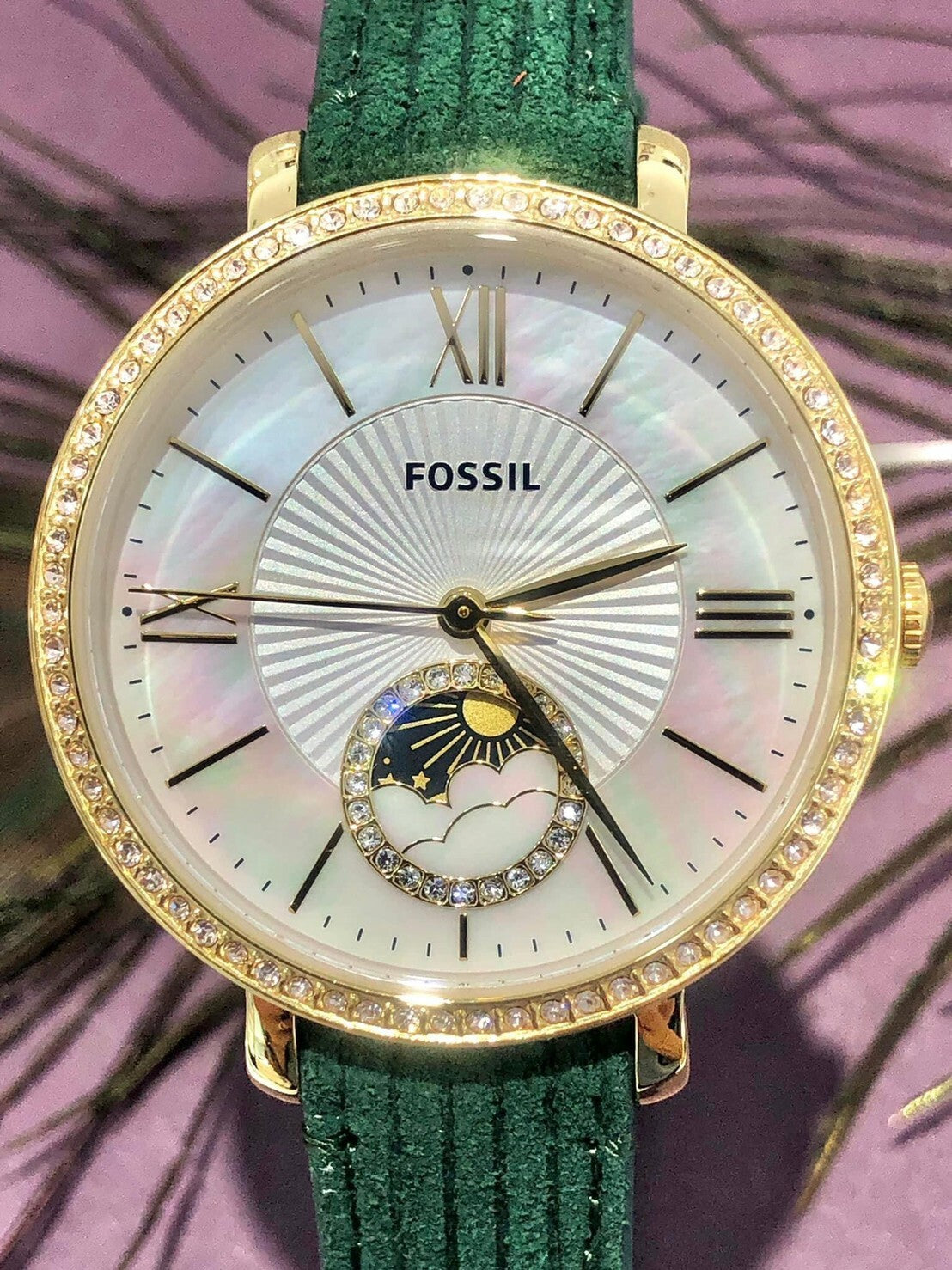  Shop Authentic Fossil Jacqueline Multifunction Moonphase Mother of Pearl White Dial Green Leather Strap Watch for Women - ES5244 - Luxxuri