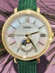  Shop Authentic Fossil Jacqueline Multifunction Moonphase Mother of Pearl White Dial Green Leather Strap Watch for Women - ES5244 - Luxxuri