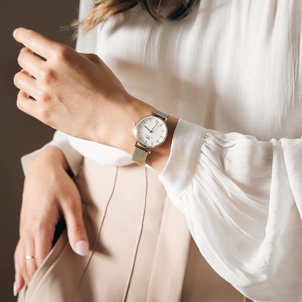  Shop Authentic Daniel Wellington Classic Petite White Dial Gold Mesh Bracelet Watch For Women - DW00100348 - Luxxuri