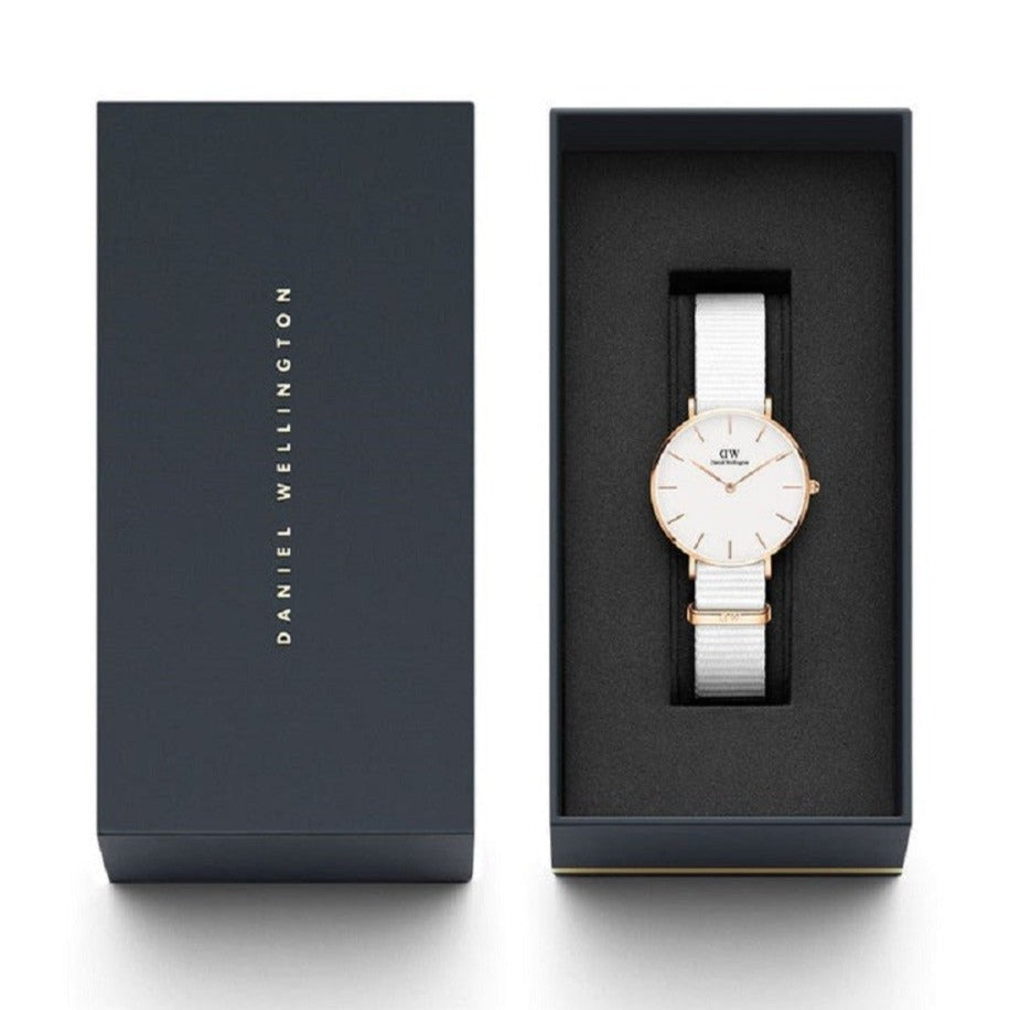  Shop Authentic Daniel Wellington Classic Petit Dover White Dial White Nylon Strap Watch For Women - DW001000311 - Luxxuri
