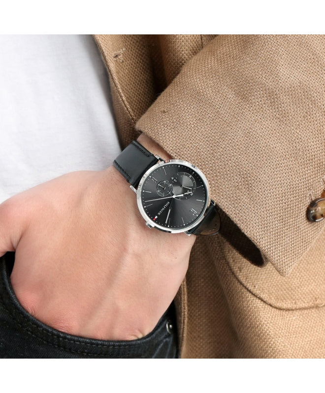  Shop Authentic Tommy Hilfiger Brooklyn Black Dial Black Leather Strap Watch for Men - 1791509 - Luxxuri