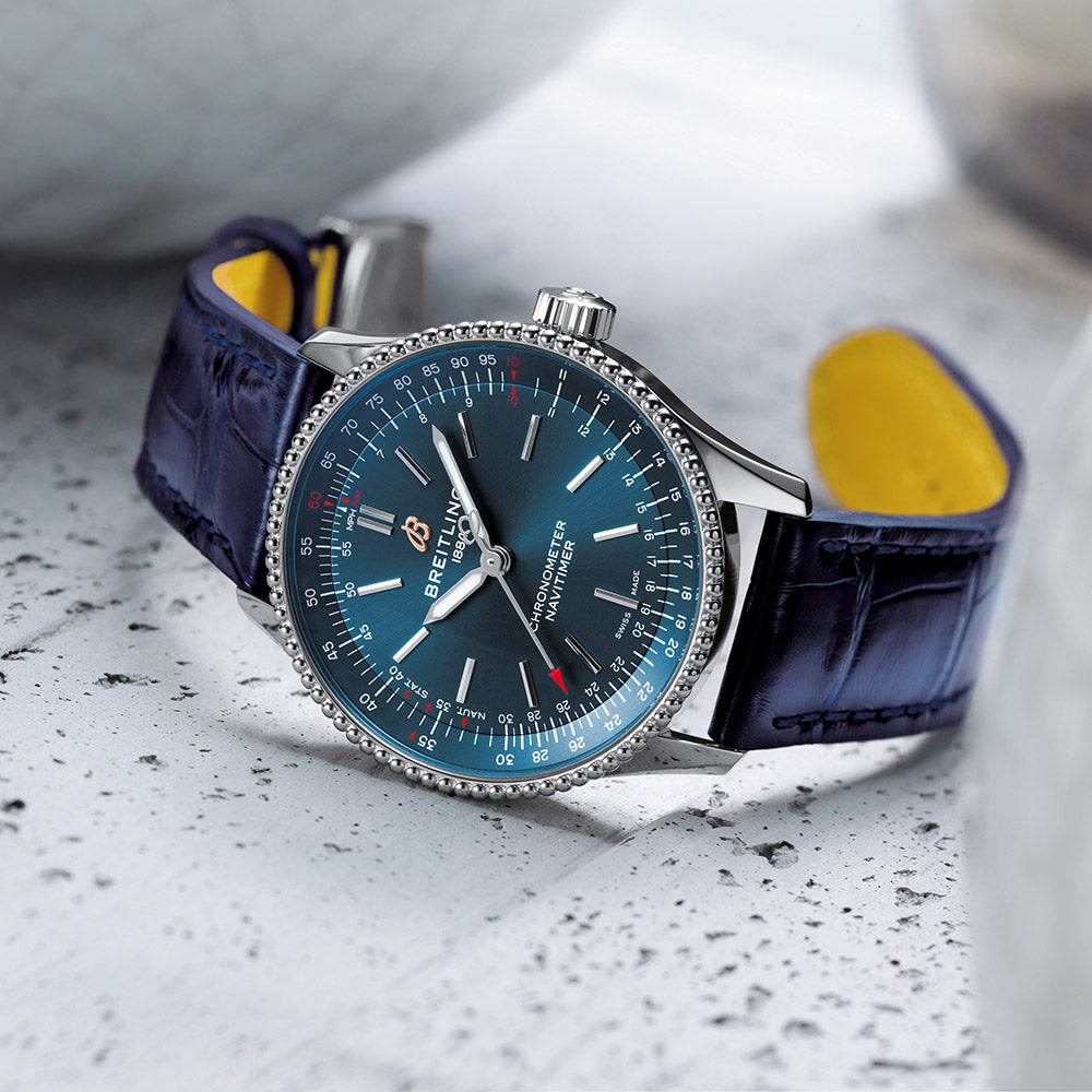  Shop Authentic Breitling Navitimer Automatic 35 Blue Dial Blue Leather Strap Watch for Men - A17395161C1P1 - Luxxuri