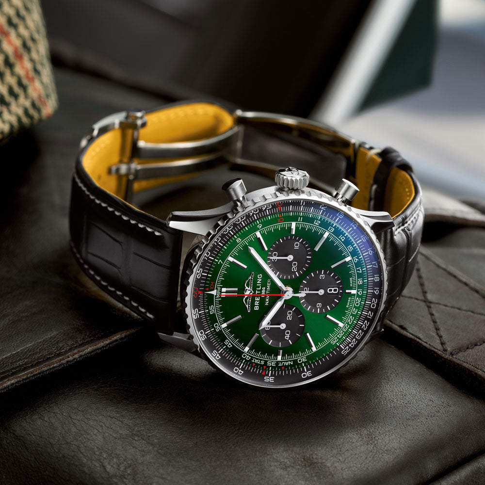  Shop Authentic Breitling Navitimer B01 Chronograph 46 Green Dial Black Leather Strap Watch for Men - AB0137241L1P1 - Luxxuri