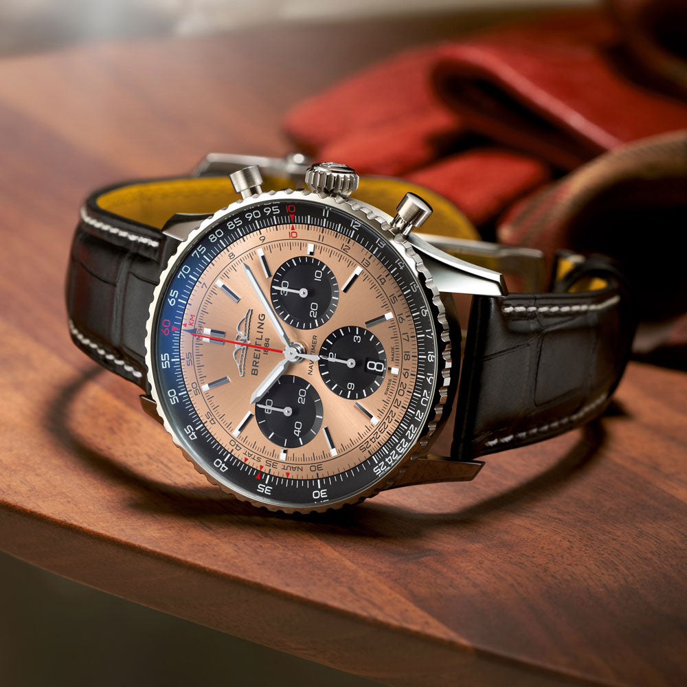  Shop Authentic Breitling Navitimer B01 Chronograph 43 Brown Dial Black Leather Strap Watch for Men - AB0138241K1P1 - Luxxuri
