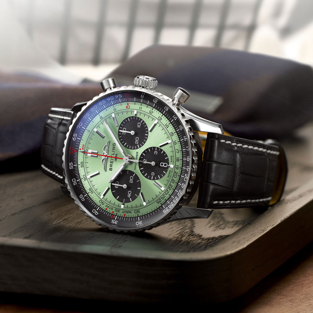  Shop Authentic Breitling Navitimer B01 Chronograph 43 Green Dial Black Leather Strap Watch for Men - AB0138241L1P1 - Luxxuri