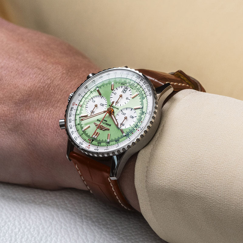  Shop Authentic Breitling Navitimer B01 Chronograph 41 Green Dial Brown Leather Strap Watch for Men - AB0139211L1P1 - Luxxuri