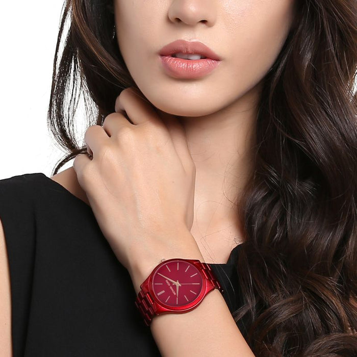  Shop Authentic Michael Kors Slim Runway Red Dial Red Steel Strap Watch For Women - MK3895 - Luxxuri
