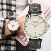  Shop Authentic Gucci G Timeless Automatic Silver Dial Black Leather Strap Unisex Watch - YA126468 - Luxxuri