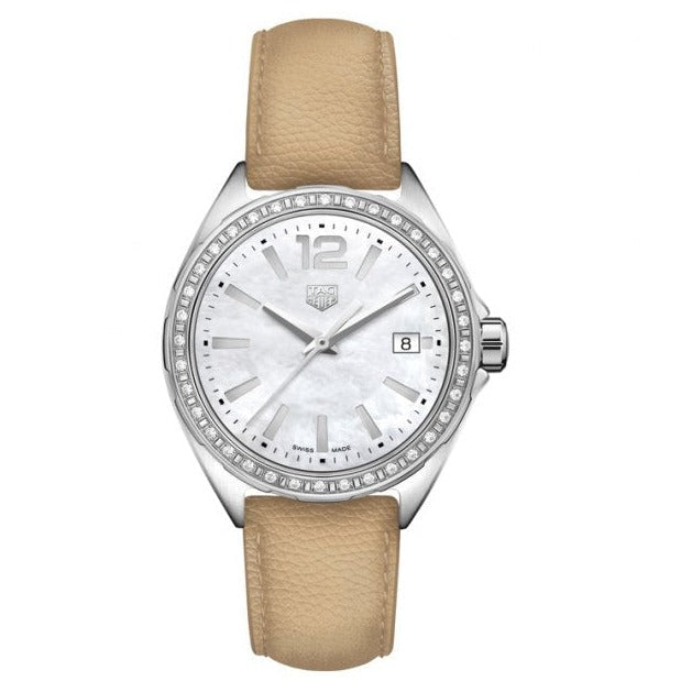  Shop Authentic Tag Heuer Formula 1 Quartz Diamonds Mother of Pearl Dial Beige Leather Strap Watch for Women - WBJ131A.FC8254 - Luxxuri