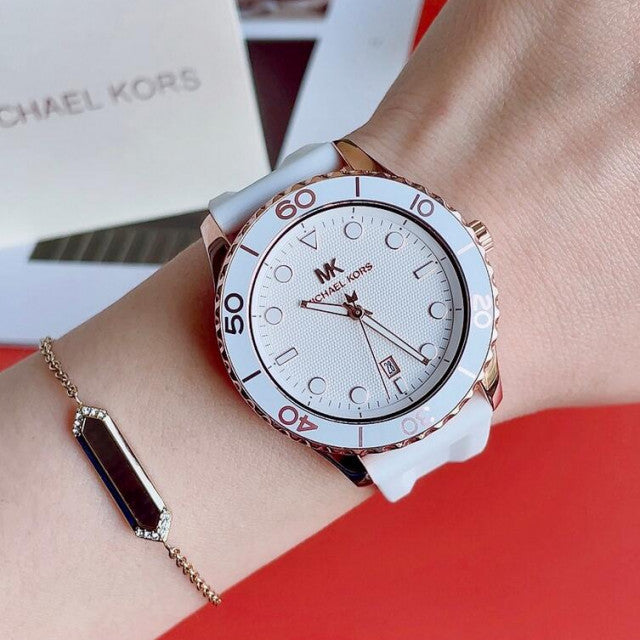  Shop Authentic Michael Kors Runway Quartz White Dial White Rubber Strap Watch For Women - MK6853 - Luxxuri