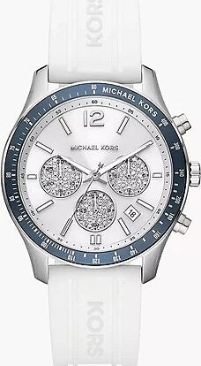  Shop Authentic Michael Kors Berkley Chronograph Silver Dial White Rubber Strap Watch For Women  - MKO1040 - Luxxuri
