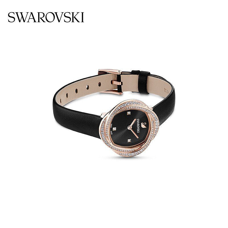  Shop Authentic Swarovski Crystal Flower Black Dial Black Leather Strap Watch for Women - 5552421 - Luxxuri