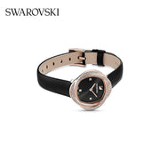  Shop Authentic Swarovski Crystal Flower Black Dial Black Leather Strap Watch for Women - 5552421 - Luxxuri