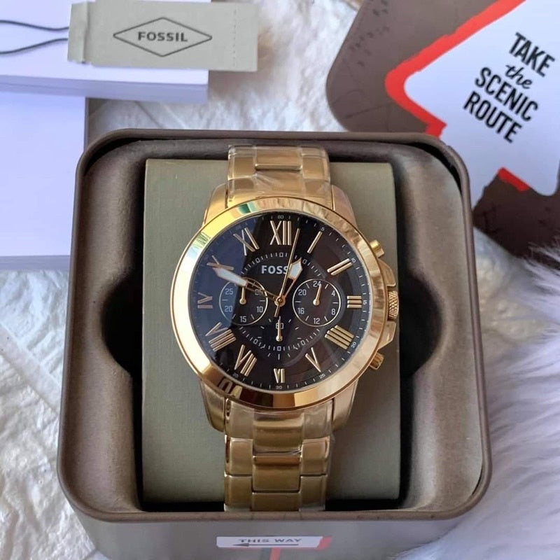  Shop Authentic Fossil Grant Chronograph Black Dial Gold Steel Strap Watch for Men - FS4815 - Luxxuri