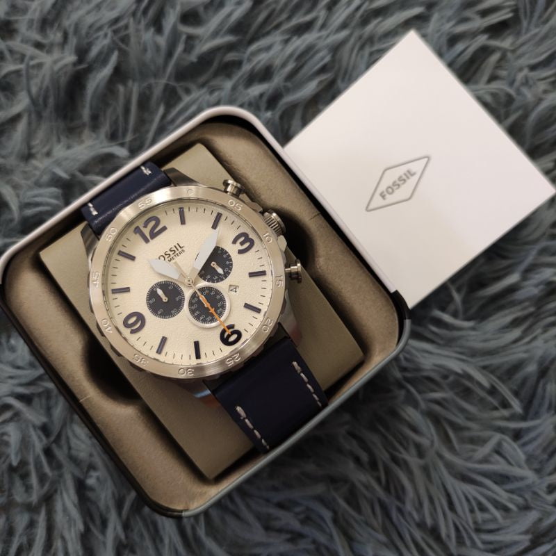  Shop Authentic Fossil Nate Chronograph White Dial Blue Leather Strap Watch for Men - JR1480 - Luxxuri