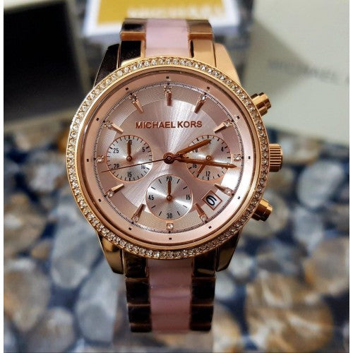  Shop Authentic Michael Kors Ritz Chronograph Rose Gold Dial Two Tone Steel Strap Watch for Women - MK6307 - Luxxuri