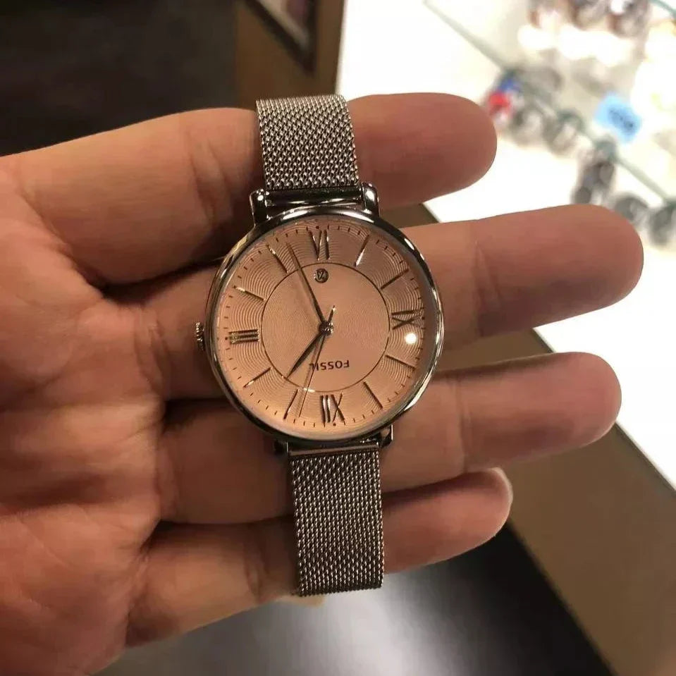  Shop Authentic Fossil Jacqueline Three Hand Pink Dial Silver Mesh Strap Watch for Women - ES5089 - Luxxuri