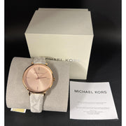  Shop Authentic Michael Kors Jayne Three Hand Rose Gold Dial White Leather Strap Watch For Women - MK7128 - Luxxuri