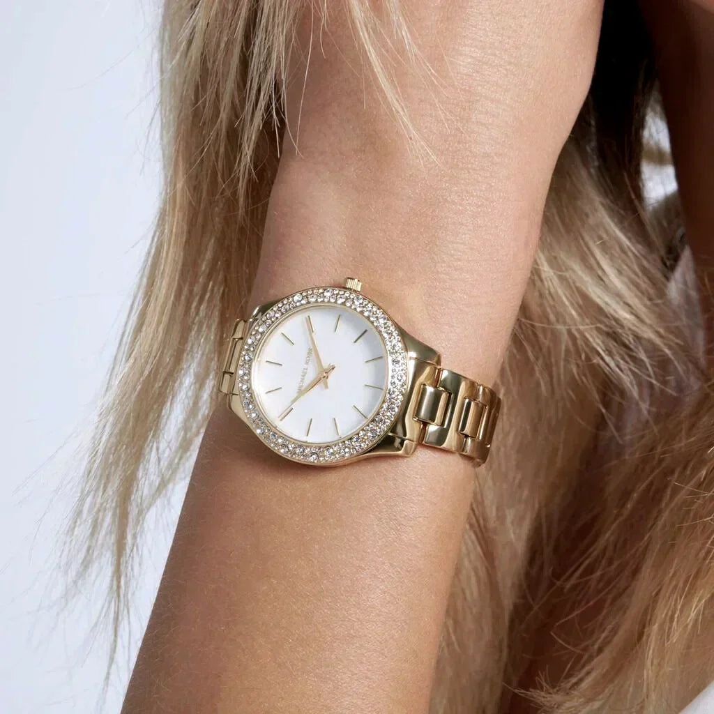  Shop Authentic Michael Kors Liliane Mother of Pearl White Dial Gold Steel Strap Watch For Women - MK4555 - Luxxuri