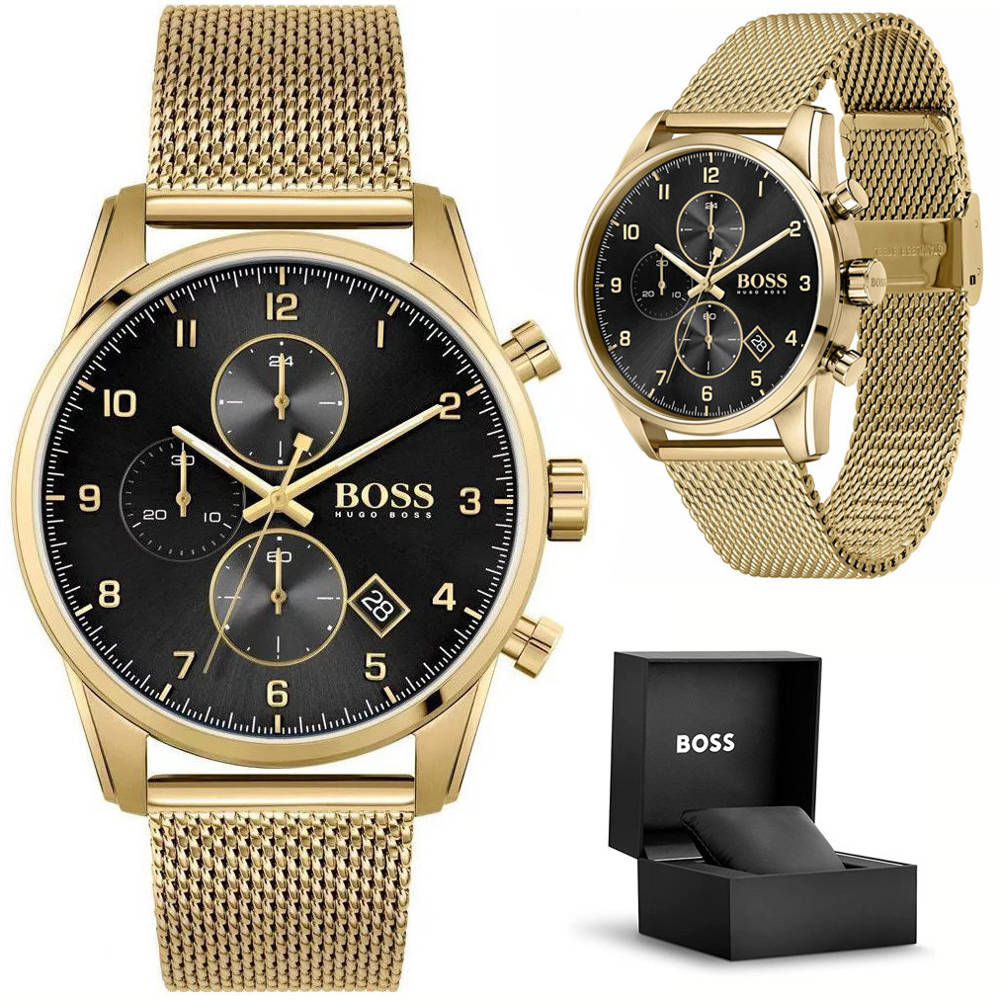  Shop Authentic Hugo Boss Skymaster Black Dial Gold Mesh Bracelet Watch for Men - 1513838 - Luxxuri