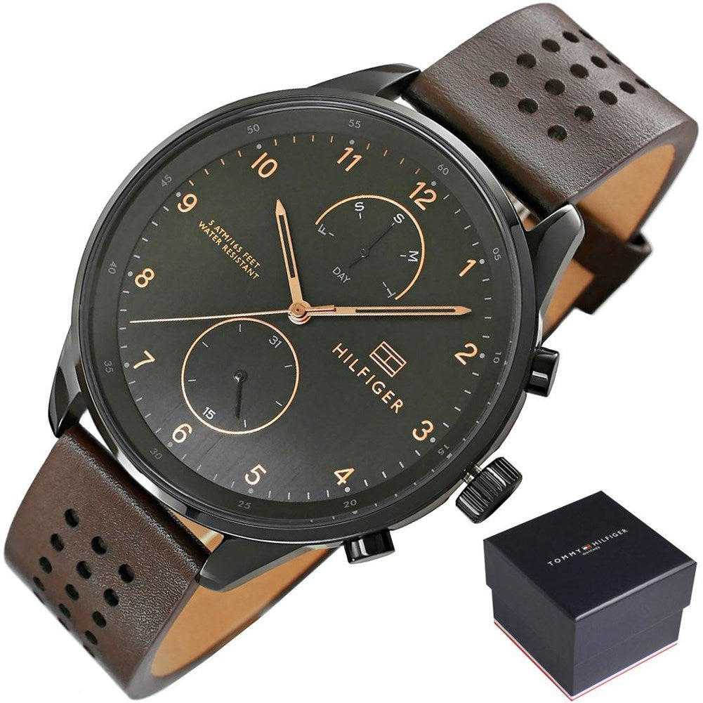  Shop Authentic Tommy Hilfiger Chase Quartz Black Dial Brown Leather Strap Watch for Men - 1791577 - Luxxuri