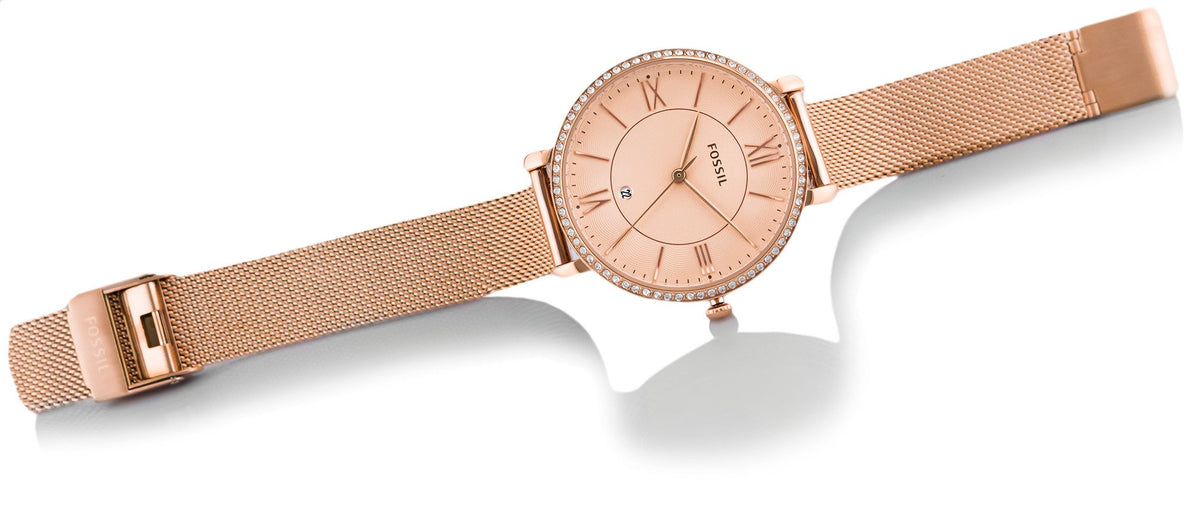  Shop Authentic Fossil Jacqueline Quartz Rose Gold Dial Rose Gold Mesh Strap Watch for Women - ES4628 - Luxxuri