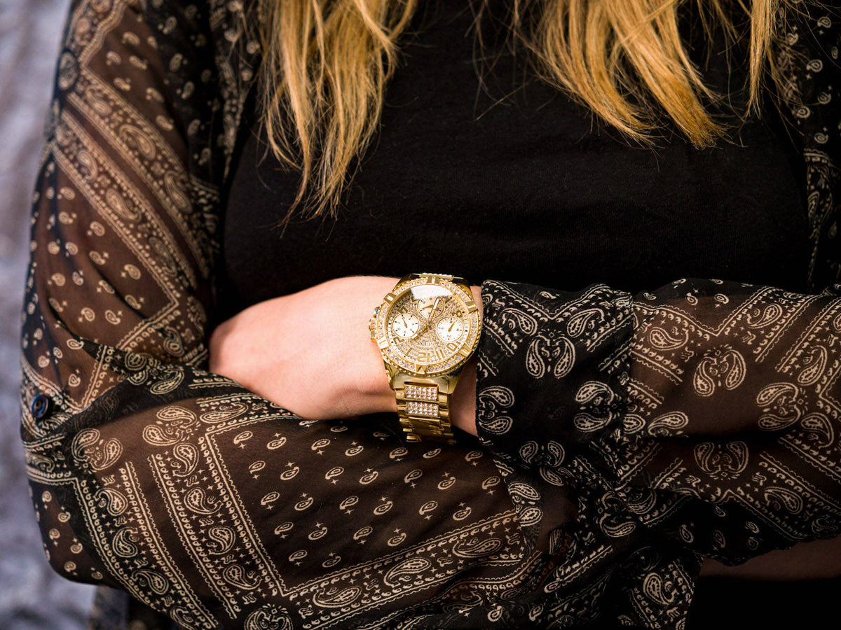  Shop Authentic Guess Frontier Diamonds Gold Dial Gold Steel Strap Watch For Women - W1156L2 - Luxxuri