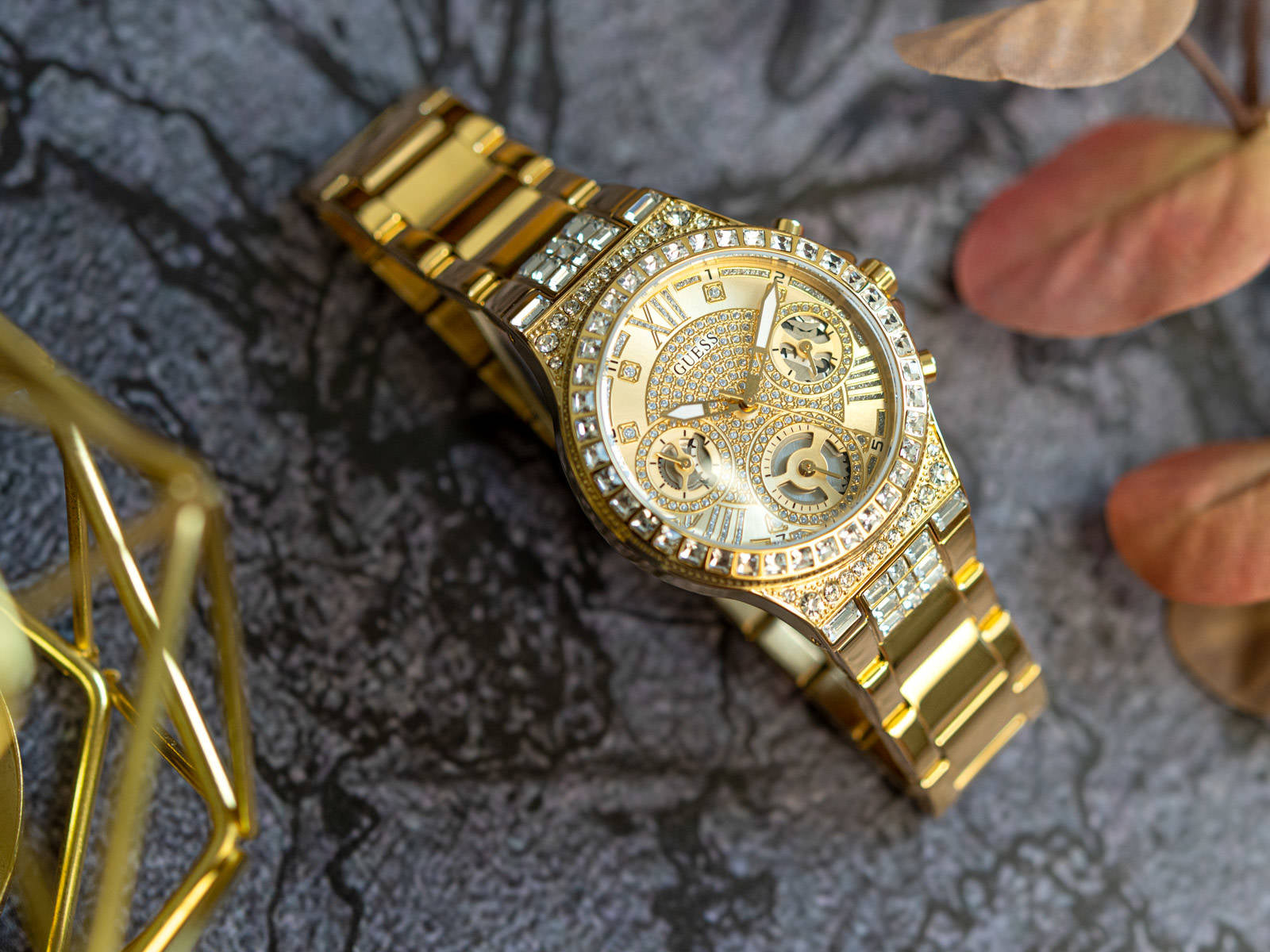  Shop Authentic Guess Moonlight Multi Function Diamonds Gold Dial Gold Steel Strap Watch for Women - GW0320L2 - Luxxuri