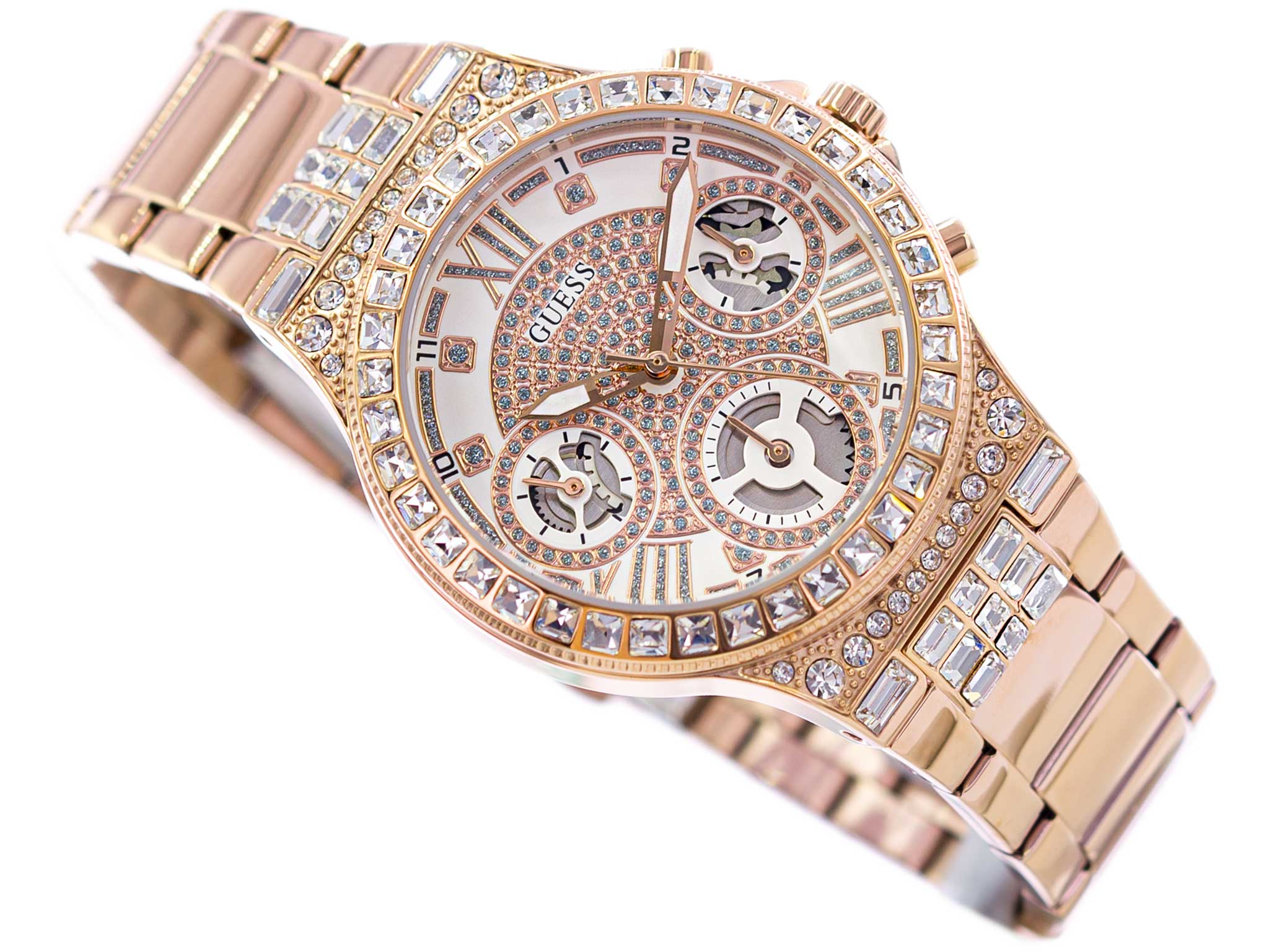  Shop Authentic Guess Moonlight Multi Function Diamonds White Dial Rose Gold Steel Strap Watch for Women - GW0320L3 - Luxxuri