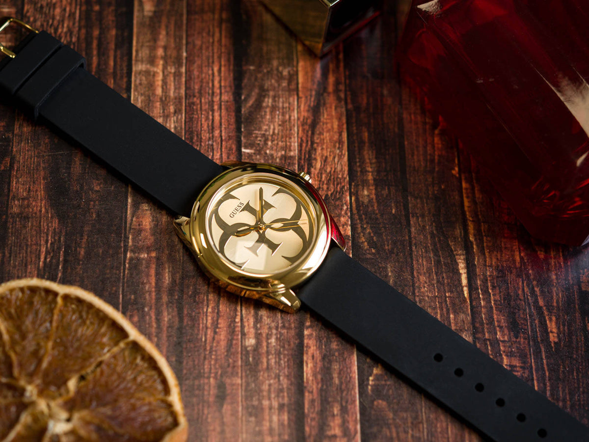  Shop Authentic Guess G Twist Gold Dial Black Leather Strap Watch for Women - W0911L3 - Luxxuri
