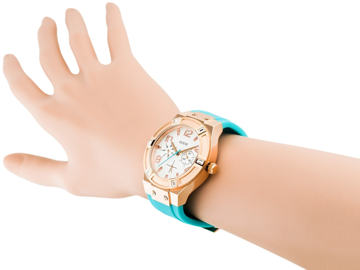  Shop Authentic Guess Jet Setter White Dial Turquoise Silicone Strap Watch For Women - W0564L3 - Luxxuri