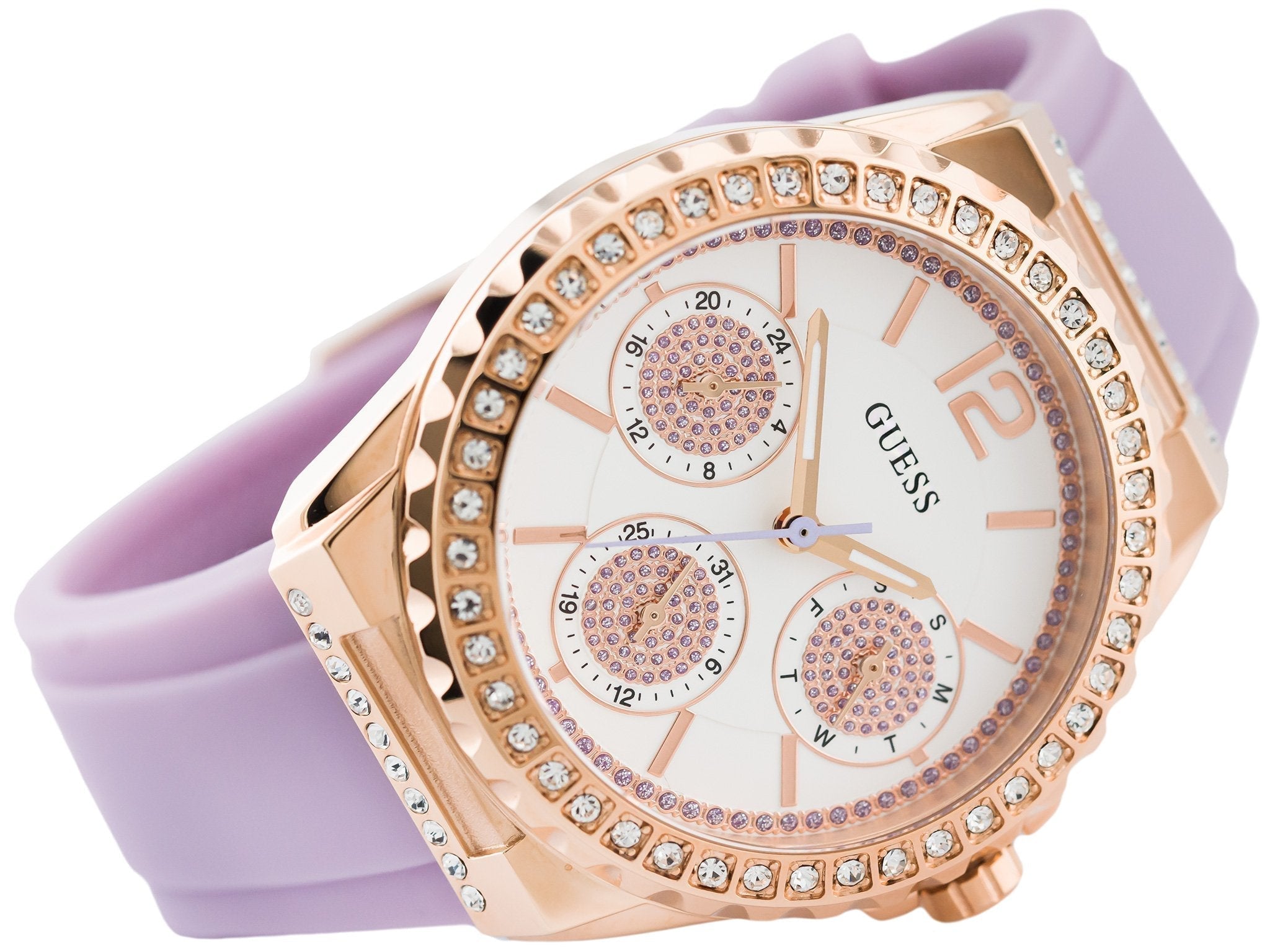 Shop Authentic Guess Starlight Diamonds White Dial Purple Rubber Strap Watch for Women - W0846L6 - Luxxuri