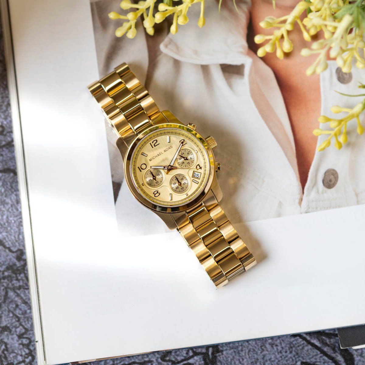  Shop Authentic Michael Kors Runway Chronograph Gold Dial Gold Steel Strap Watch For Women - MK7323 - Luxxuri