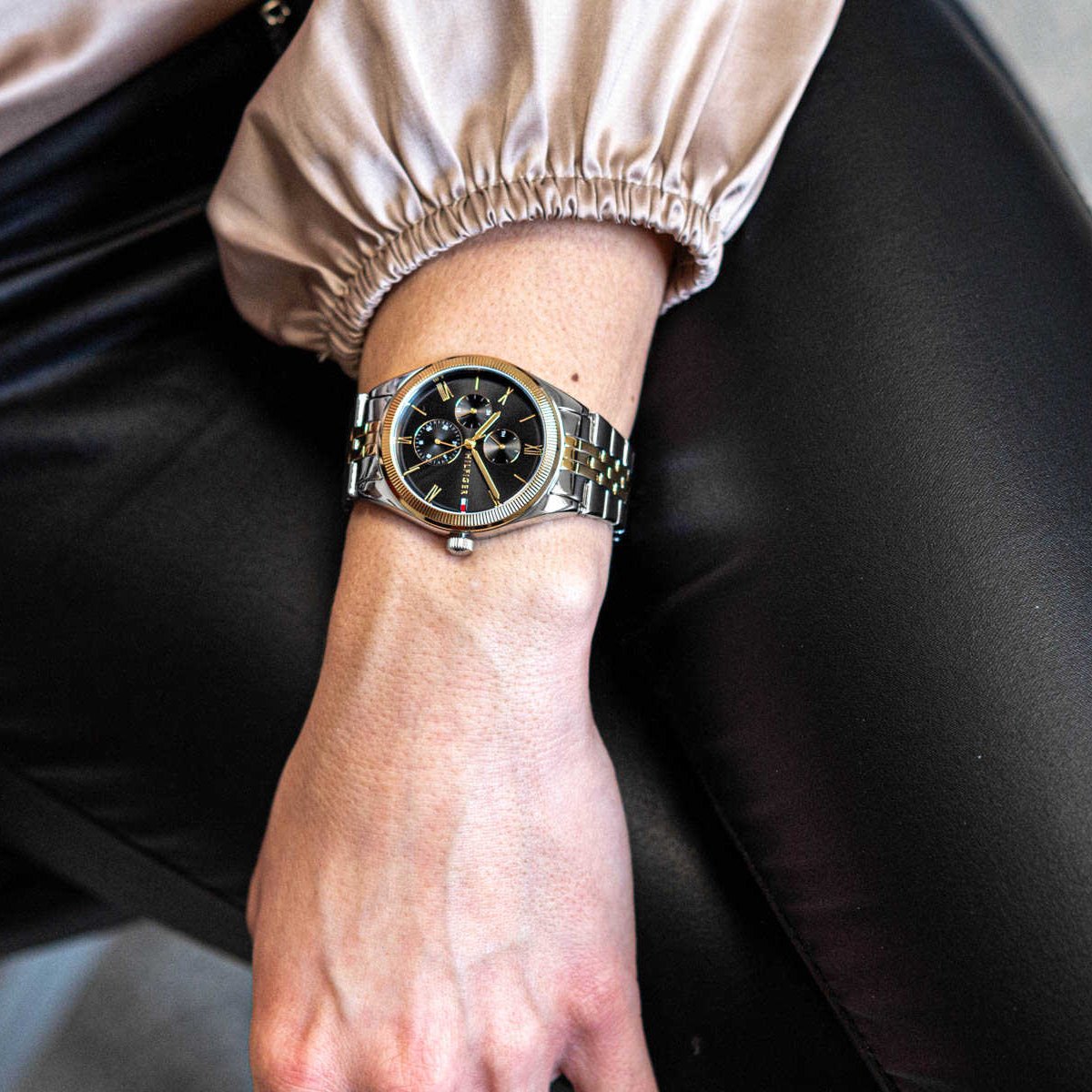  Shop Authentic Tommy Hilfiger Monica Chronograph Black Dial Two Tone Steel Strap Watch For Women - 1782591 - Luxxuri