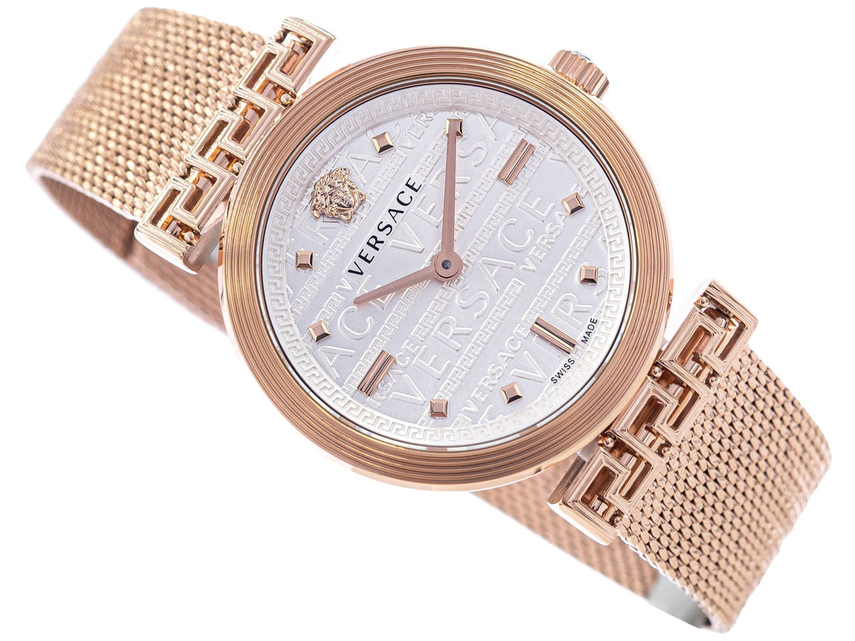  Shop Authentic Versace Meander White Dial Rose Gold Mesh Bracelet Watch for Women - VELW00620 - Luxxuri