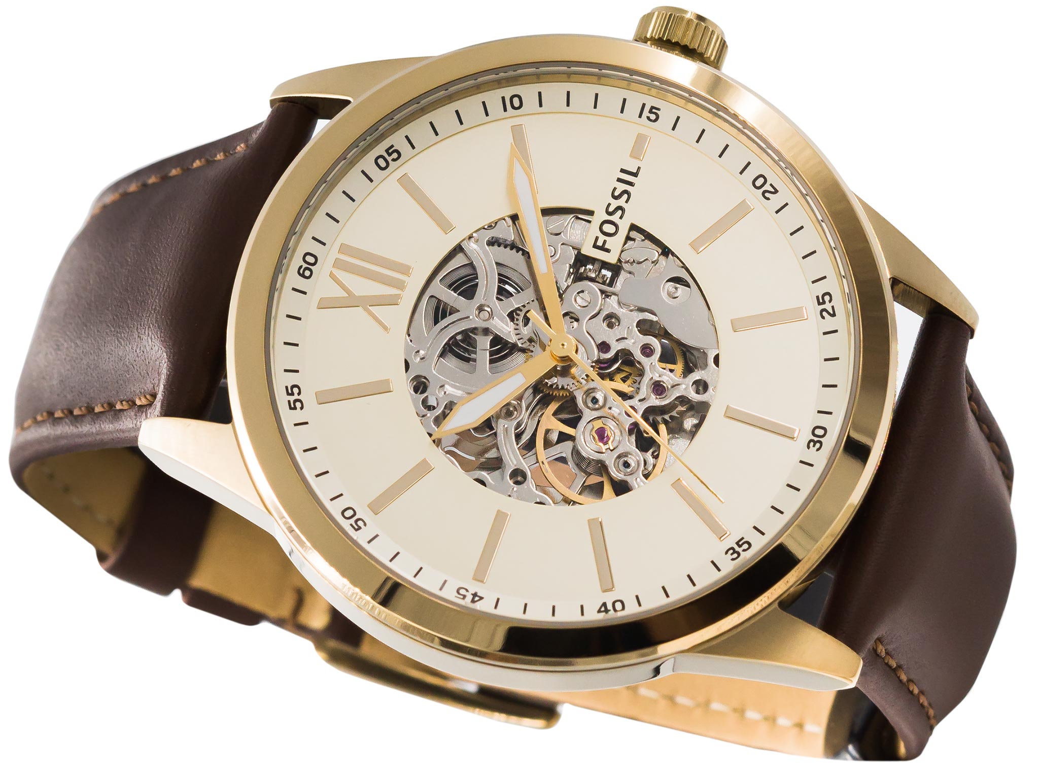  Shop Authentic Fossil Flynn Mechanical Skeleton Beige Dial Brown Leather Strap Watch for Men - BQ2215 - Luxxuri
