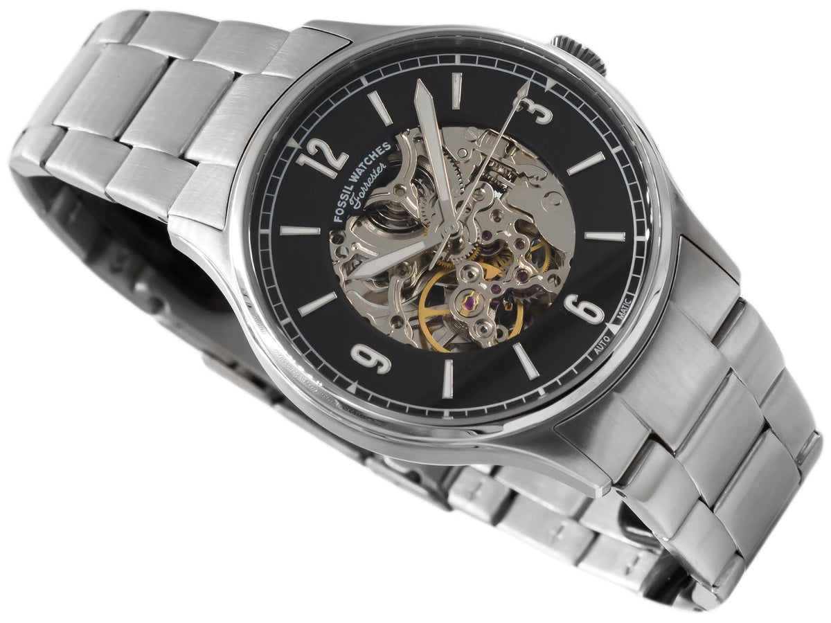  Shop Authentic Fossil Forrester Automatic Skeleton Black Dial Silver Steel Strap Watch for Men - ME3180 - Luxxuri