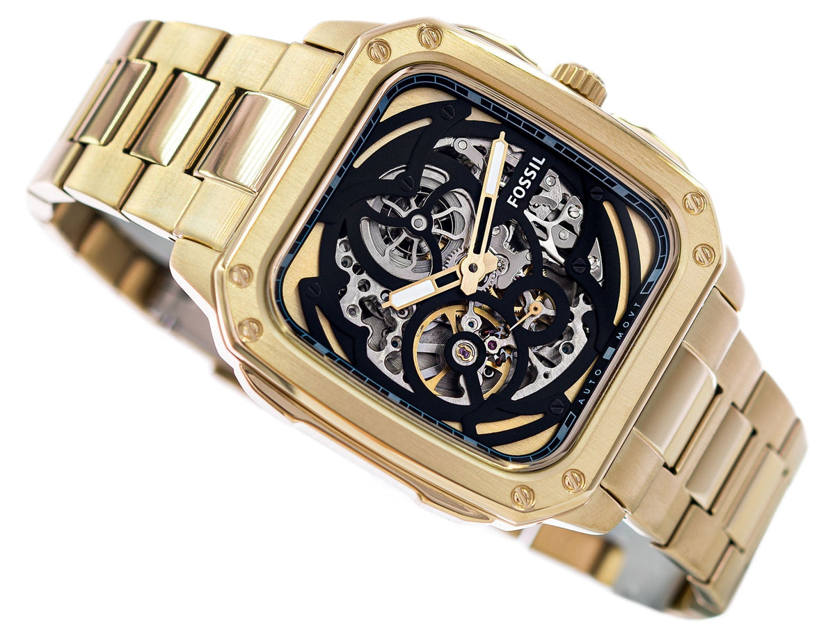  Shop Authentic Fossil Inscription Automatic Skeleton Black Dial Gold Steel Strap Watch for Men - BQ2573 - Luxxuri