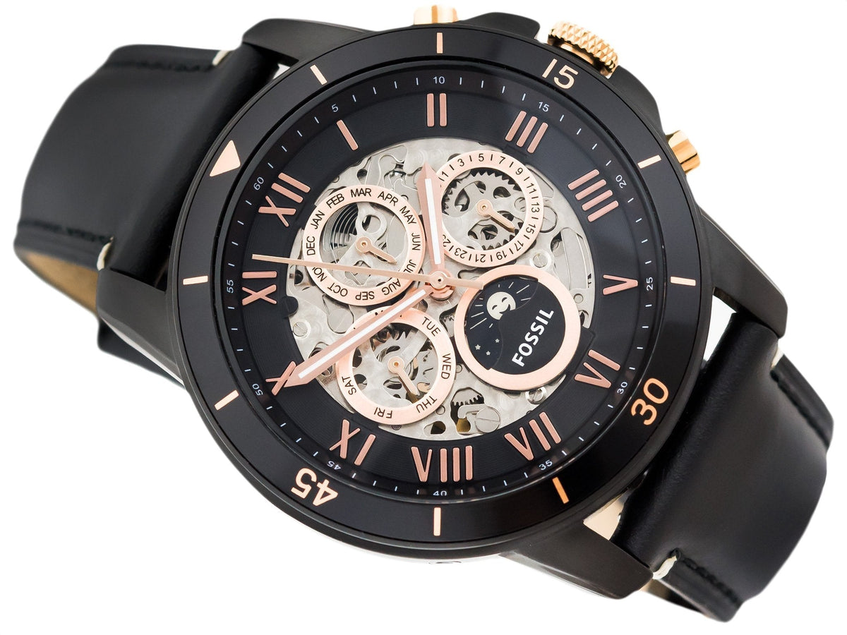  Shop Authentic Fossil Grant Sport Automatic Skeleton Black Dial Black Leather Strap Watch for Men - ME3138 - Luxxuri