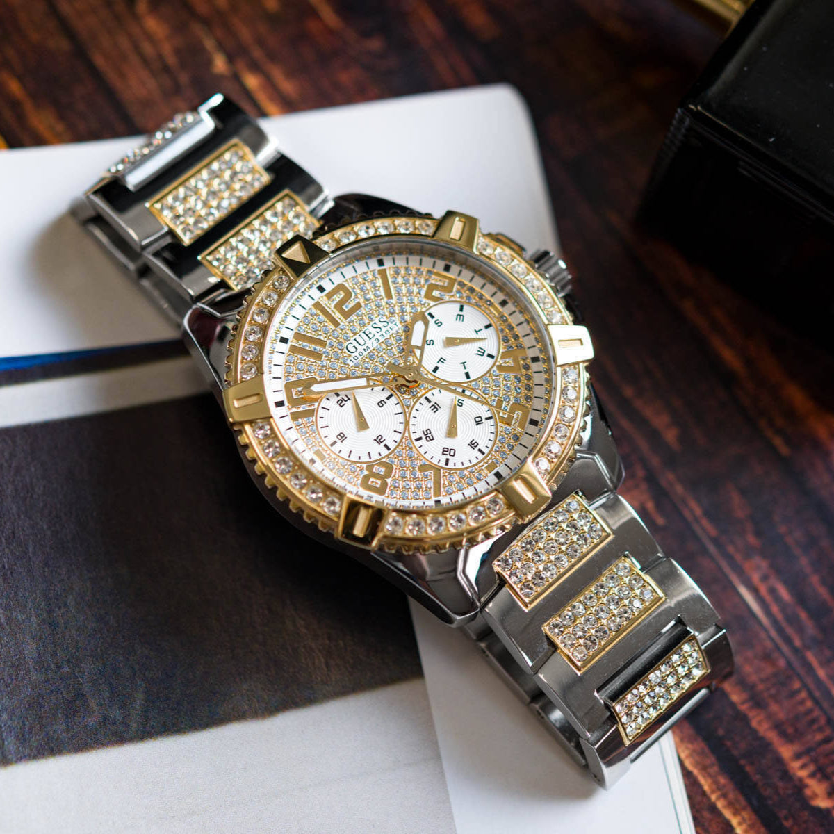  Shop Authentic Guess Frontier Chronograph Crystals Silver Dial Two Tone Steel Strap Watch for Men - W0799G4 - Luxxuri