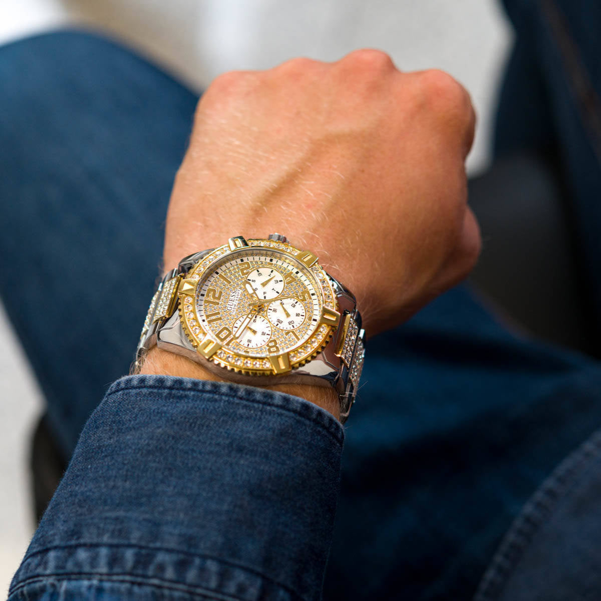  Shop Authentic Guess Frontier Chronograph Crystals Silver Dial Two Tone Steel Strap Watch for Men - W0799G4 - Luxxuri